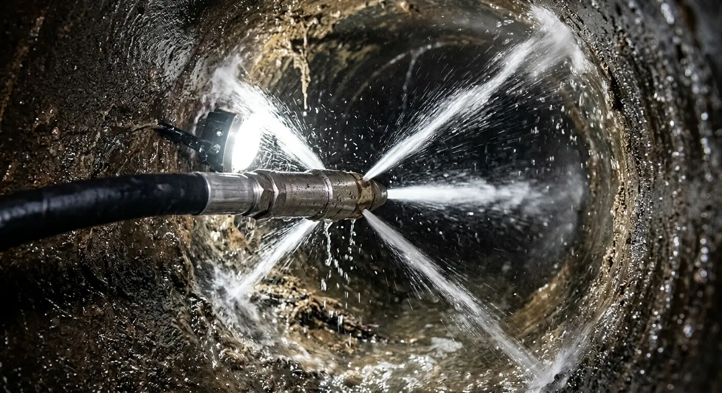 High-pressure hydro jetting nozzle cleaning sewer pipe for Storm Drain Cleaning in Broadview Heights