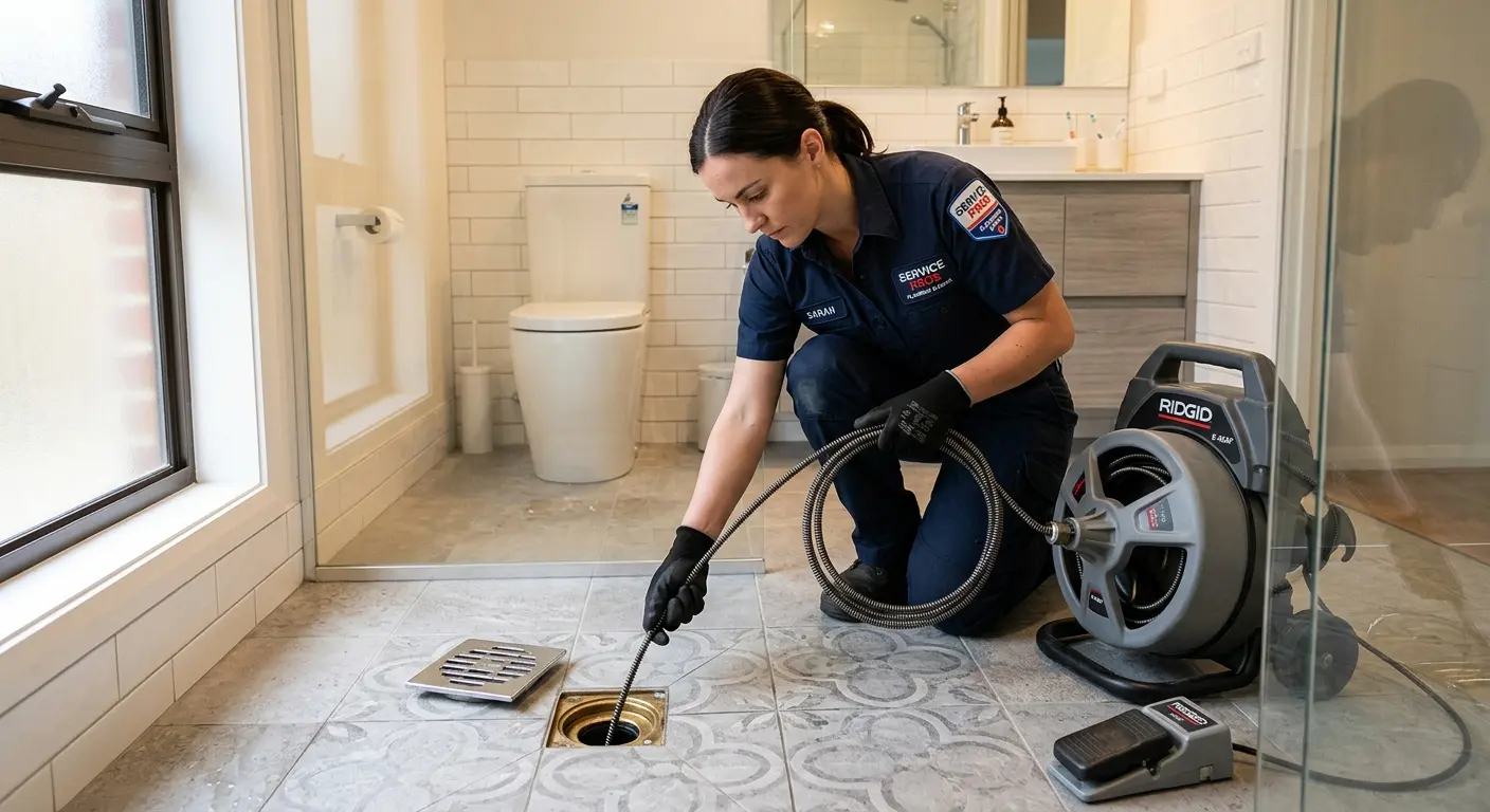 Technician clearing a bathroom floor drain for Drain Cleaning in Broadview Heights